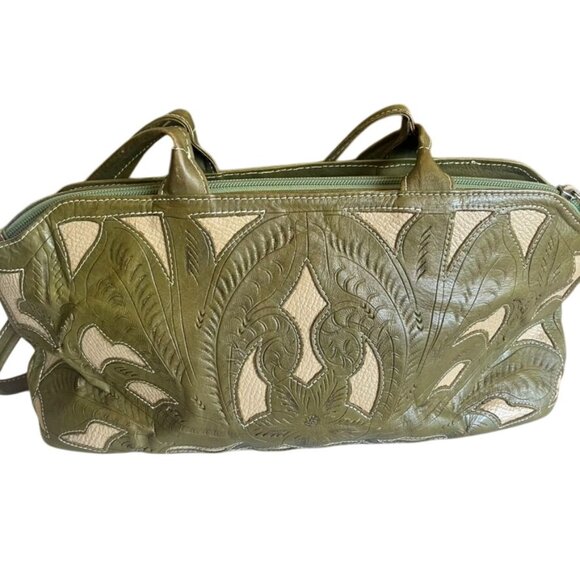 T. Saldivar Hand-Tooled Leather Shoulder Bag In Olive Green Beige Mexican Boho - Picture 1 of 7